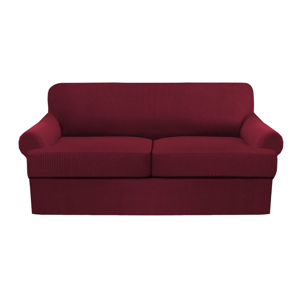 3 Piece T Cushion Sofa Slipcovers Thick Couch Cover Furniture Protector Stretch T Cushion Sofa Covers for 2 Cushion Couch with 2 Individual T Cushion Covers Washable (Burgundy, Loveseat)