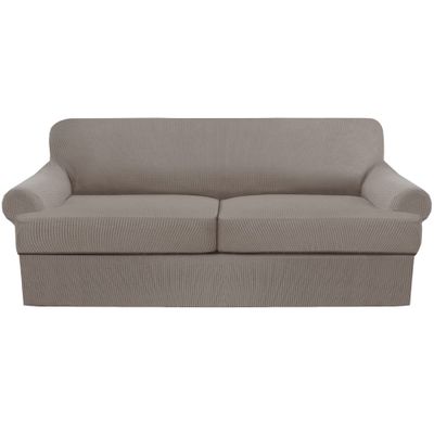 3 Piece T Cushion Sofa Slipcovers Thick Couch Cover Furniture Protector Stretch T Cushion Sofa Covers for 2 Cushion Couch with 2 Individual T Cushion Covers Washable (Taupe, Loveseat X-Large)