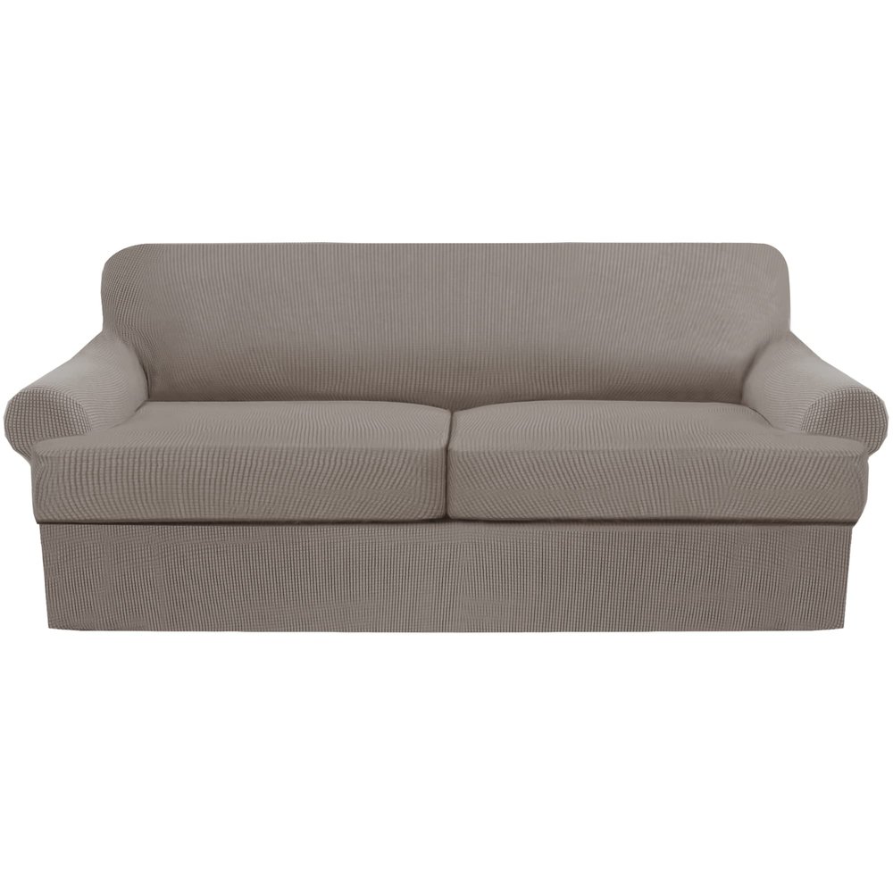 3 Piece T Cushion Sofa Slipcovers Thick Couch Cover Furniture Protector Stretch T Cushion Sofa Covers for 2 Cushion Couch with 2 Individual T Cushion Covers Washable (Taupe, Loveseat X-Large)