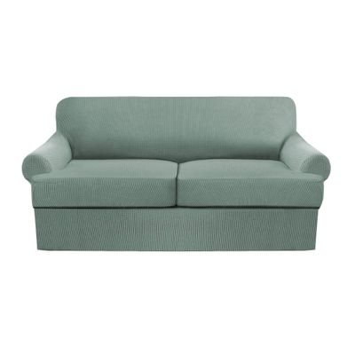 3 Piece T Cushion Sofa Slipcovers Thick Couch Cover Furniture Protector Stretch T Cushion Sofa Covers for 2 Cushion Couch with 2 Individual T Cushion Covers Washable (Green, Loveseat X-Large) (LJX)