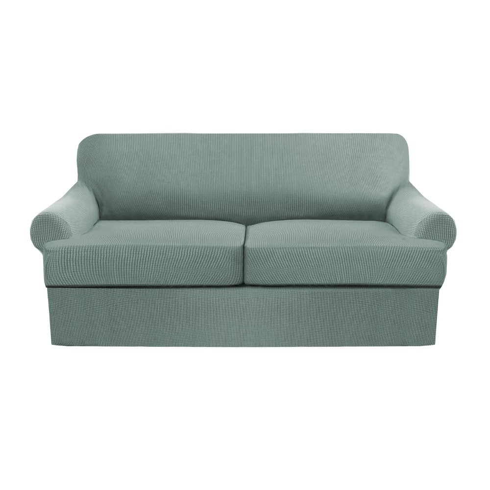 3 Piece T Cushion Sofa Slipcovers Thick Couch Cover Furniture Protector Stretch T Cushion Sofa Covers for 2 Cushion Couch with 2 Individual T Cushion Covers Washable (Green, Loveseat X-Large) (LJX)