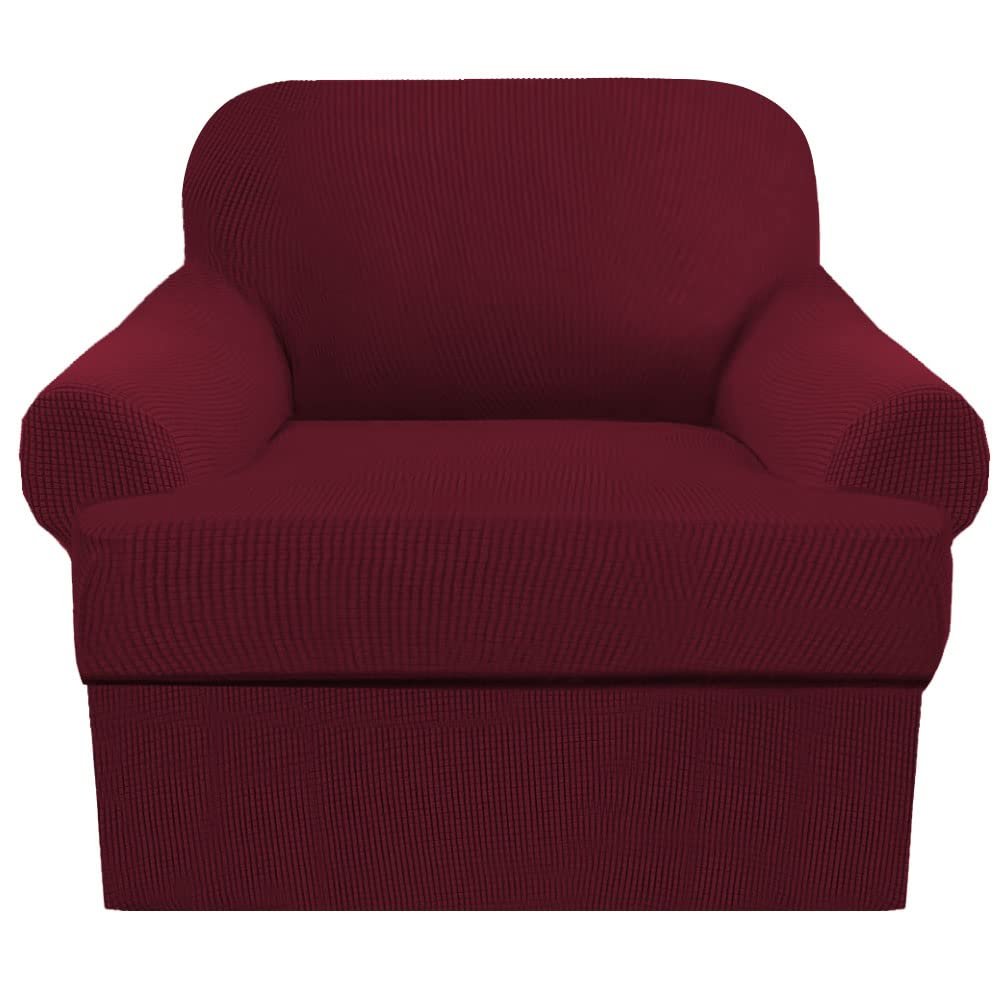2 Piece T Cushion Sofa Slipcovers Thick Couch Cover Furniture Protector Stretch T Cushion Sofa Covers for 1 Cushion Couch with 1 Individual T Cushion Covers Washable (Burgundy, Chair) (LJX)