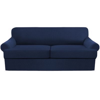 3 Piece T Cushion Sofa Slipcovers Thick Couch Cover Furniture Protector Stretch T Cushion Sofa Covers for 2 Cushion Couch with 2 Individual T Cushion Covers Washable (Navy, Loveseat X-Large)