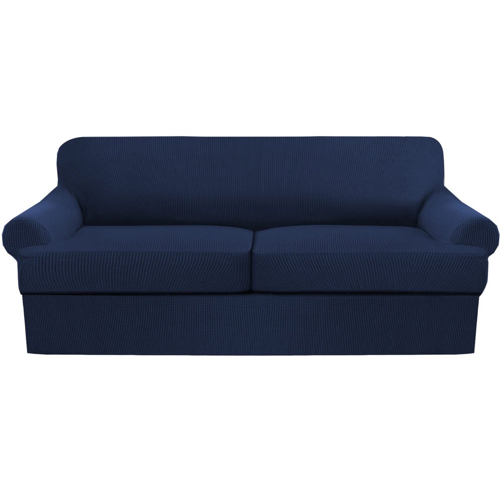 3 Piece T Cushion Sofa Slipcovers Thick Couch Cover Furniture Protector Stretch T Cushion Sofa Covers for 2 Cushion Couch with 2 Individual T Cushion Covers Washable (Navy, Loveseat X-Large)