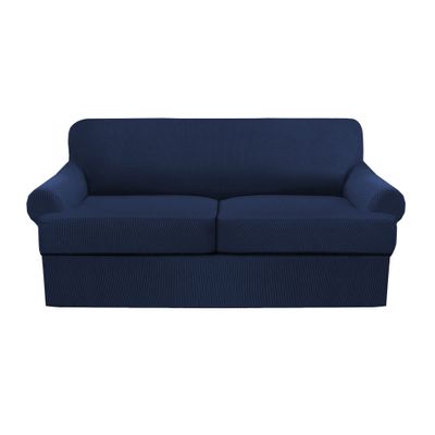 3 Piece T Cushion Sofa Slipcovers Thick Couch Cover Furniture Protector Stretch T Cushion Sofa Covers for 2 Cushion Couch with 2 Individual T Cushion Covers Washable (Navy, Loveseat)
