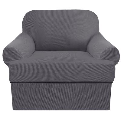 2 Piece T Cushion Sofa Slipcovers Thick Couch Cover Furniture Protector Stretch T Cushion Sofa Covers for 1 Cushion Couch with 1 Individual T Cushion Covers Washable (Grey, Chair)
