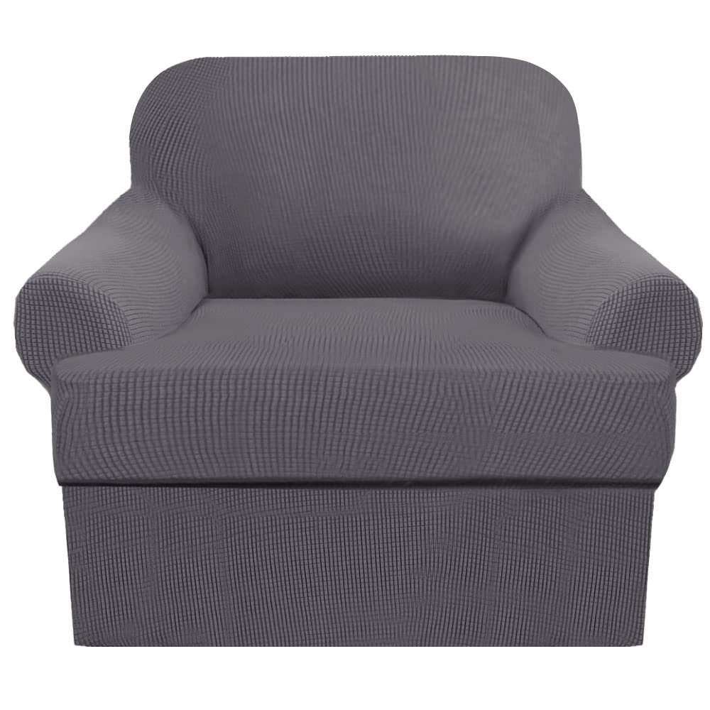 2 Piece T Cushion Sofa Slipcovers Thick Couch Cover Furniture Protector Stretch T Cushion Sofa Covers for 1 Cushion Couch with 1 Individual T Cushion Covers Washable (Grey, Chair)