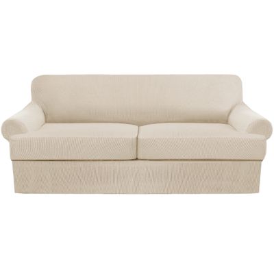 3 Piece T Cushion Sofa Slipcovers Thick Couch Cover Furniture Protector Stretch T Cushion Sofa Covers for 2 Cushion Couch with 2 Individual T Cushion Covers Washable (Nature, Loveseat X-Large) (LJX)