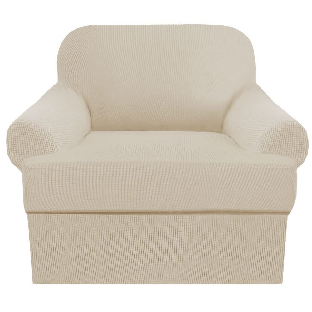 2 Piece T Cushion Sofa Slipcovers Thick Couch Cover Furniture Protector Stretch T Cushion Sofa Covers for 1 Cushion Couch with 1 Individual T Cushion Covers Washable (Nature, Chair)