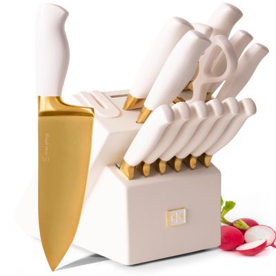 White and Gold Knife Set with Block - 14-Piece White Knife Set with Block and Built-In Sharpener Titanium-Coated High Carbon Stainless Steel Blades - Gold Kitchen Accessories - Great for Gifting