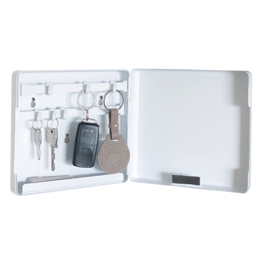 Carl KH-002-W Magnetic Key Hanger, Box Type, Movable Hook, Steel, White, 6 Hanging Hooks