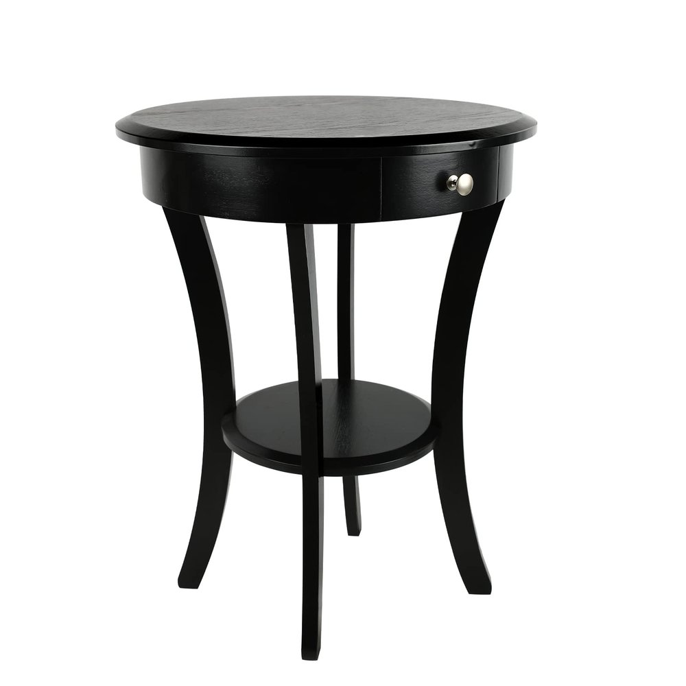 ECOMEX Round End Table,Tall Side Table with Drawer and Shelf, 2 Tier Classic Brown Wood Accent Table Sofa Side Table for Bedroom,Office, Small Spaces, Vintage European Style (Black)