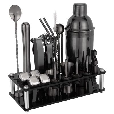 23 Piece Cocktail Shaker Set Bartender Kit with Acrylic Stand & Cocktail Recipes Booklet, Professional Bar Tools for Drink Mixing, Home, Bar, Party (Include 4 Whiskey Stones) - Black
