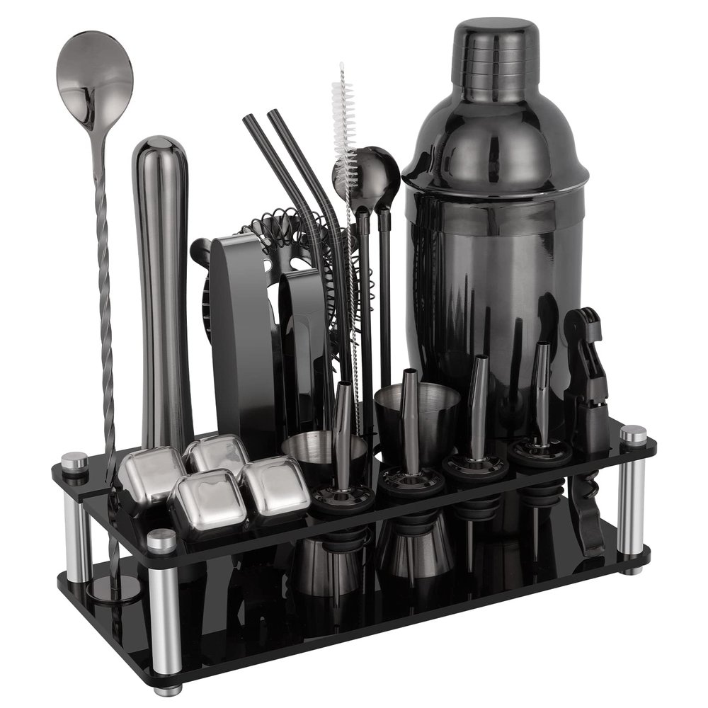 23 Piece Cocktail Shaker Set Bartender Kit with Acrylic Stand & Cocktail Recipes Booklet, Professional Bar Tools for Drink Mixing, Home, Bar, Party (Include 4 Whiskey Stones) - Black