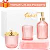 Haturi Bathroom Accessories Set, 4 Pcs Pink Glass Bathroom Accessories Sets Complete w/Lotion Soap Dispenser, Toothbrush Holder, Apothecary Jar, Vanity Tray, Bathroom Decor, Gift for Home Apartment view 3