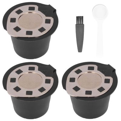 Reusable Coffee Capsules for coffee , Stainless Steel Coffee Capsule Pods Cup with Spoon Brush , 50ML Capsule Cup Refillable Coffee Pods(3 gold)