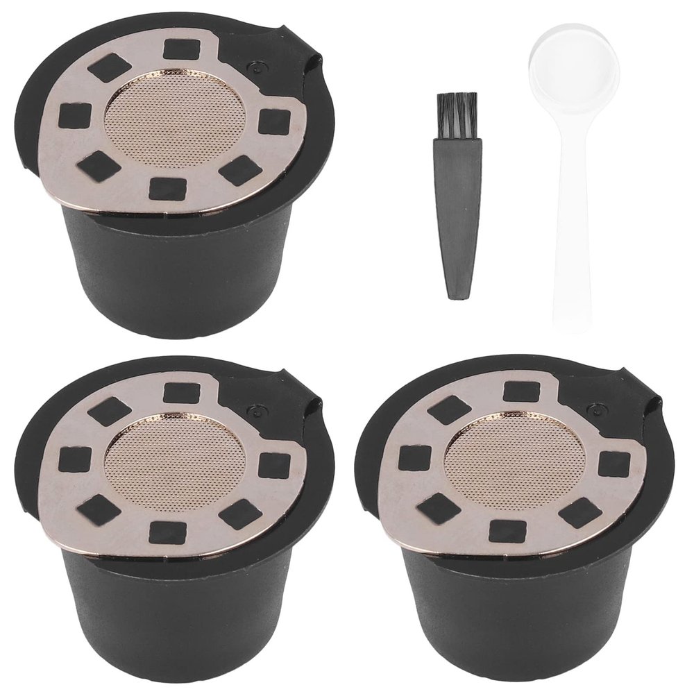 Reusable Coffee Capsules for coffee , Stainless Steel Coffee Capsule Pods Cup with Spoon Brush , 50ML Capsule Cup Refillable Coffee Pods(3 gold)