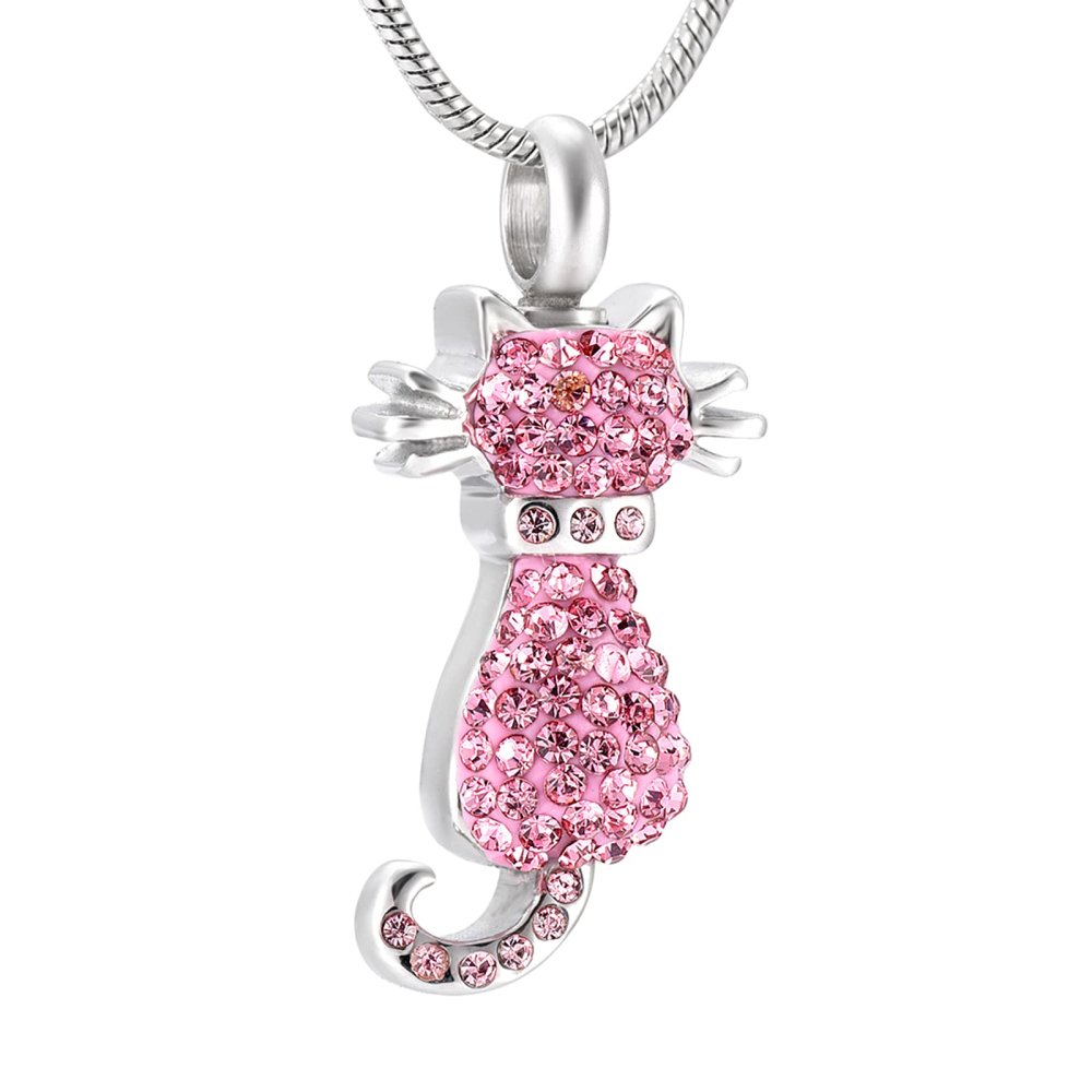 SHEIL Hold Black/Clear/Pink Crystal Cat Stainless Steel Cremation Jewelry for Pet Keepsake Urn Necklace for Memroial Ashes,2