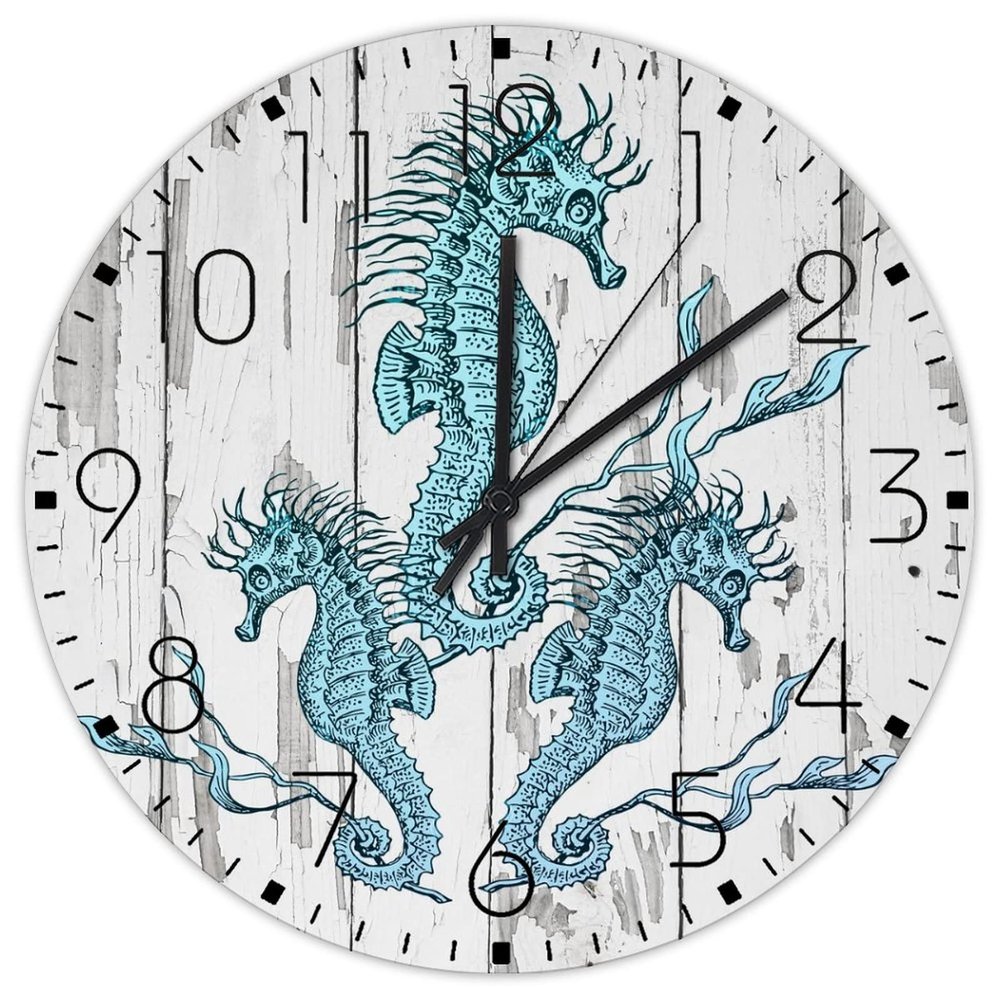 12" Wood Wall Clock Nautical Beach Ocean Theme Sea Horse Wall Decor for Garage Custom Turtle Sea Life Seaturtle Seahorse Wall Clocks Round Wooden Wall Clock Country for Indoor Washroom