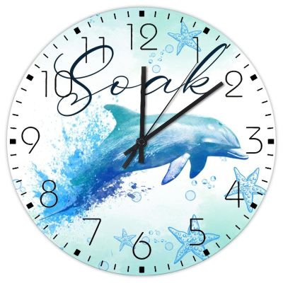 15" Minimalist Wood Clock Nautical Beach Ocean Theme Whale Fireplace Decor for Cafe Shop Rustic Shells Starfish Beach Coastal Wall Clocks Round Wooden Wall Clock Vintage for Gym Hall
