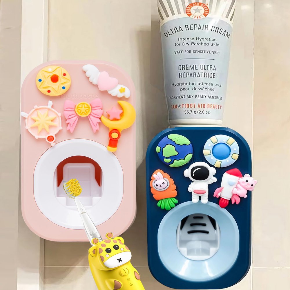 Automatic Kid Toothpaste Dispenser Wall Mounted for Bathroom,Toothpaste Squeezer for Kids & Family Shower by Mr. Thumbs (2pc,Astronaut #2 & Little Fairy)