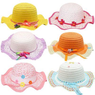 Qiodo 6 Pcs Girl Tea Party Garden Party Hats in Assorted Colors & Assorted Styles,Hats for Girls Dress up Princess Costume Birthday Party Supplies Easter Bonnets Beach Sun Hats, for Age 3-9