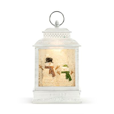 DEMDACO White Knit Snowman Couple 11 x 6.25 Resin Musical Snow Globe Lantern Plays Christmas Music