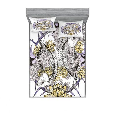 Ambesonne East 2 Pack Fitted Sheet & Pillow Sham Set, Fish Skeleton Lotus Art, 4 Pcs Bedding Decor, Package Contains 2 Queen Size Fitted Sheets & 4 Pillow Covers, Purple Yellow