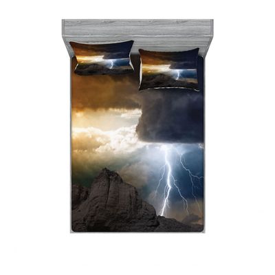 Ambesonne Landscape 2 Pack Fitted Sheet & Pillow Sham Set, Dark Clouds Mountain, 4 Pcs Bedding Decor, Package Contains 2 Queen Size Fitted Sheets & 4 Pillow Covers, Grey Orange