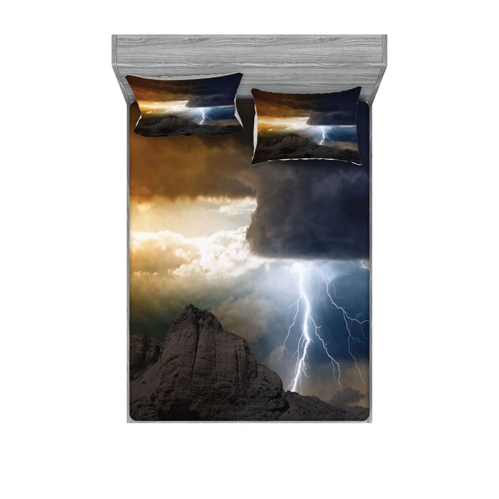 Ambesonne Landscape 2 Pack Fitted Sheet & Pillow Sham Set, Dark Clouds Mountain, 4 Pcs Bedding Decor, Package Contains 2 Queen Size Fitted Sheets & 4 Pillow Covers, Grey Orange
