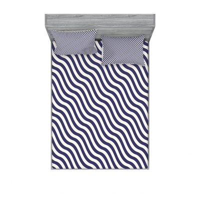 Ambesonne Navy 2 Pack Fitted Sheet & Pillow Sham Set, Wavy Stripes Dark Blue, 4 Pcs Bedding Decor, Package Contains 2 Queen Size Fitted Sheets & 4 Pillow Covers, Dark Blue and White
