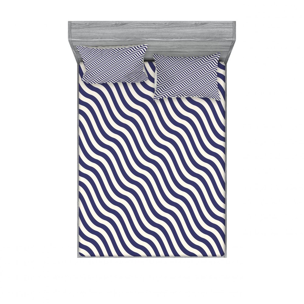 Ambesonne Navy 2 Pack Fitted Sheet & Pillow Sham Set, Wavy Stripes Dark Blue, 4 Pcs Bedding Decor, Package Contains 2 Queen Size Fitted Sheets & 4 Pillow Covers, Dark Blue and White