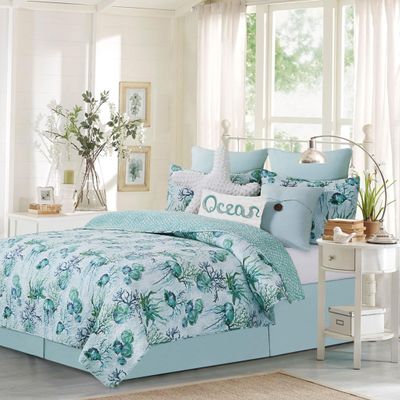 C&F Home Shorecrest 3-Piece Full/Queen Bed Quilt Set with 2 Standard Shams Green Teal Seafoam Coastal Nautical Ocean Jellyfish Coral Sand Dollar Cool Colors Reversible Bedding Wave Ripple Pattern
