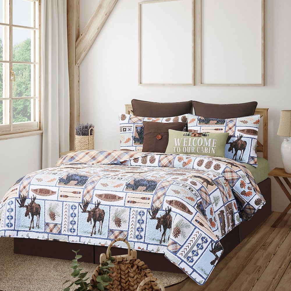 C&F Home Oakley Lodge 3-Piece Full/Queen Quilt Set with 2 Standard Shams Lodge Patchwork Panel Cabin Rustic Moose Oars Canoe Brown Blue Pinecone Pattern Reversible Plaid Full/Queen 3 Piece Set