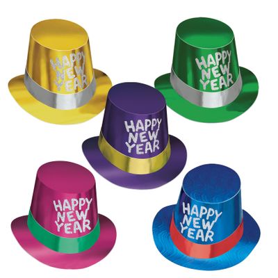 Beistle Foil Hi Hat with Glittered Happy New Year 5 Pack, Assorted Color Metallic Cone Hats with Silver Glitter Accents for New Years Eve Celebrations, Midnight Countdowns, and Holiday Events