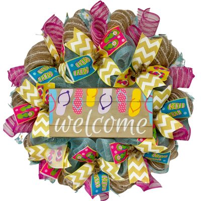 Flip Flop Welcome Summer Wreath Handmade Deco Mesh Available in 24 inch and 28 inch diameters