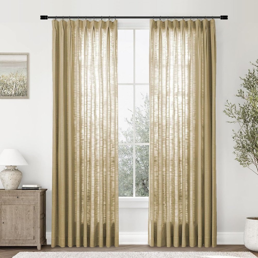 Gewvary Pinch Pleat Curtain, 72 W x 100 L inch Light Filtering Linen Curtain Drape Panel for Living Room and Silding Door (1 Panel, Khaki Yellow)
