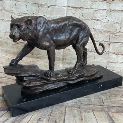 Hot Cast Art Deco African Tiger Bronze Sculpture Marble Base Wildlife Statue LRG by Think Bronze Finery Artwork