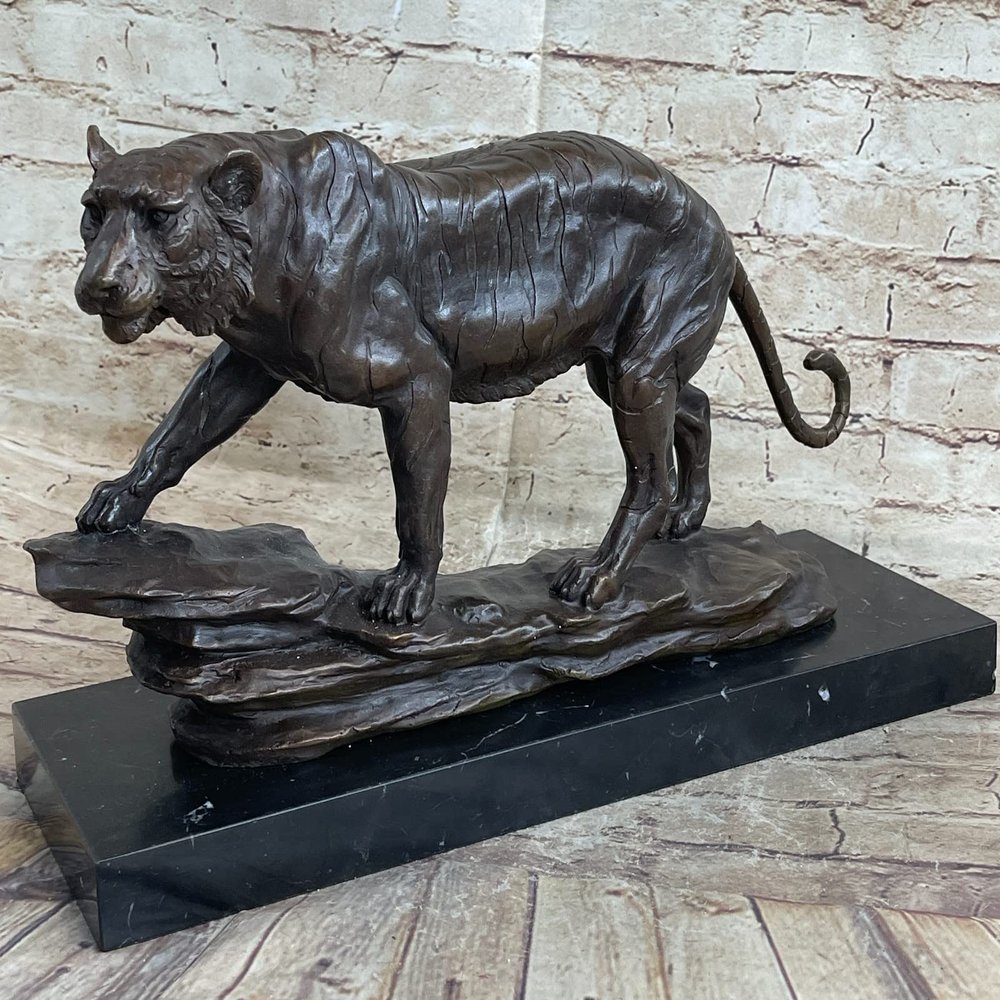 Hot Cast Art Deco African Tiger Bronze Sculpture Marble Base Wildlife Statue LRG by Think Bronze Finery Artwork