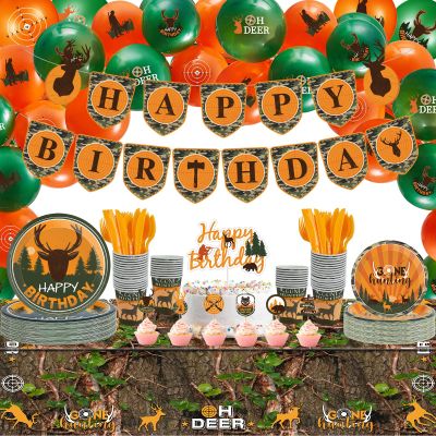 Suclain 165 Pcs Hunting Birthday Party Decorations Camo Deer Birthday Banner Hunting Tablecloths Camo Disposable Dinnerware Tableware for 16 Guests deer Camouflage Balloons Cake Cupcake Topper