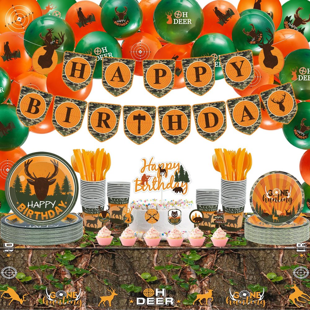 Suclain 165 Pcs Hunting Birthday Party Decorations Camo Deer Birthday Banner Hunting Tablecloths Camo Disposable Dinnerware Tableware for 16 Guests deer Camouflage Balloons Cake Cupcake Topper
