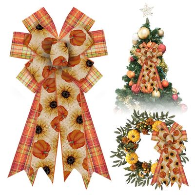 Estivaux Fall Bows for Wreaths - Thanksgiving Day Decorations in Natural Burlap, Orange Buffalo Plaid, Autumn Flowers