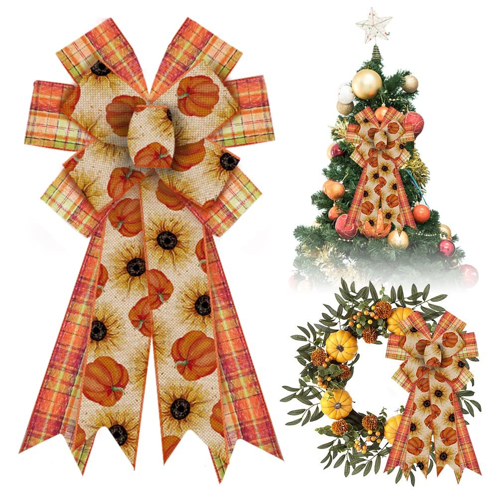 Estivaux Fall Bows for Wreaths - Thanksgiving Day Decorations in Natural Burlap, Orange Buffalo Plaid, Autumn Flowers