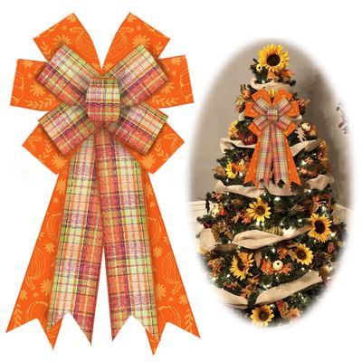 Large Fall Bows for Wreath, Thanksgiving Pumpkin Wreath Orange Buffalo Plaid for Front Door, Farmhouse Ornament Burlap Tree Topper for Fall Indoor Outdoor Decoration