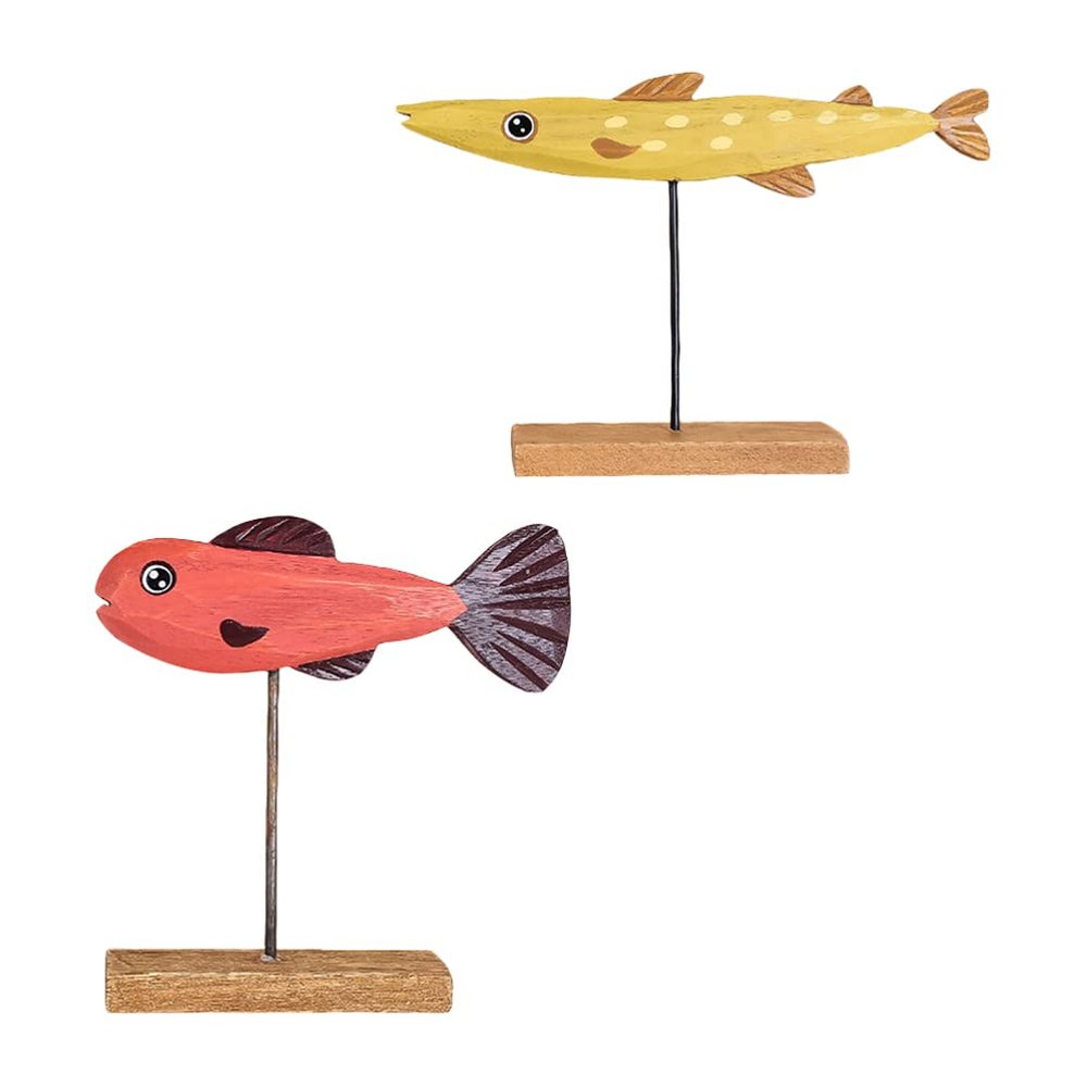 Beavorty Rustic Table Decor 2pcs Nautical Fish Ornament Wood Fish Figurine Rustic Fish Model Desktop Ocean Life Animal Figure for Coastal Theme Party Decoration Red Yellow Fish Decor