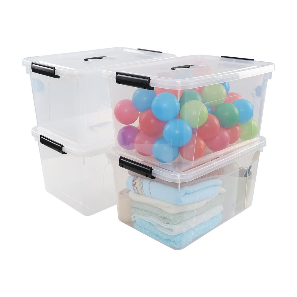 Anbers Pack of 4 Clear Latching Storage Boxes, 17.5 Quart Storage Bin with Lid and Handle
