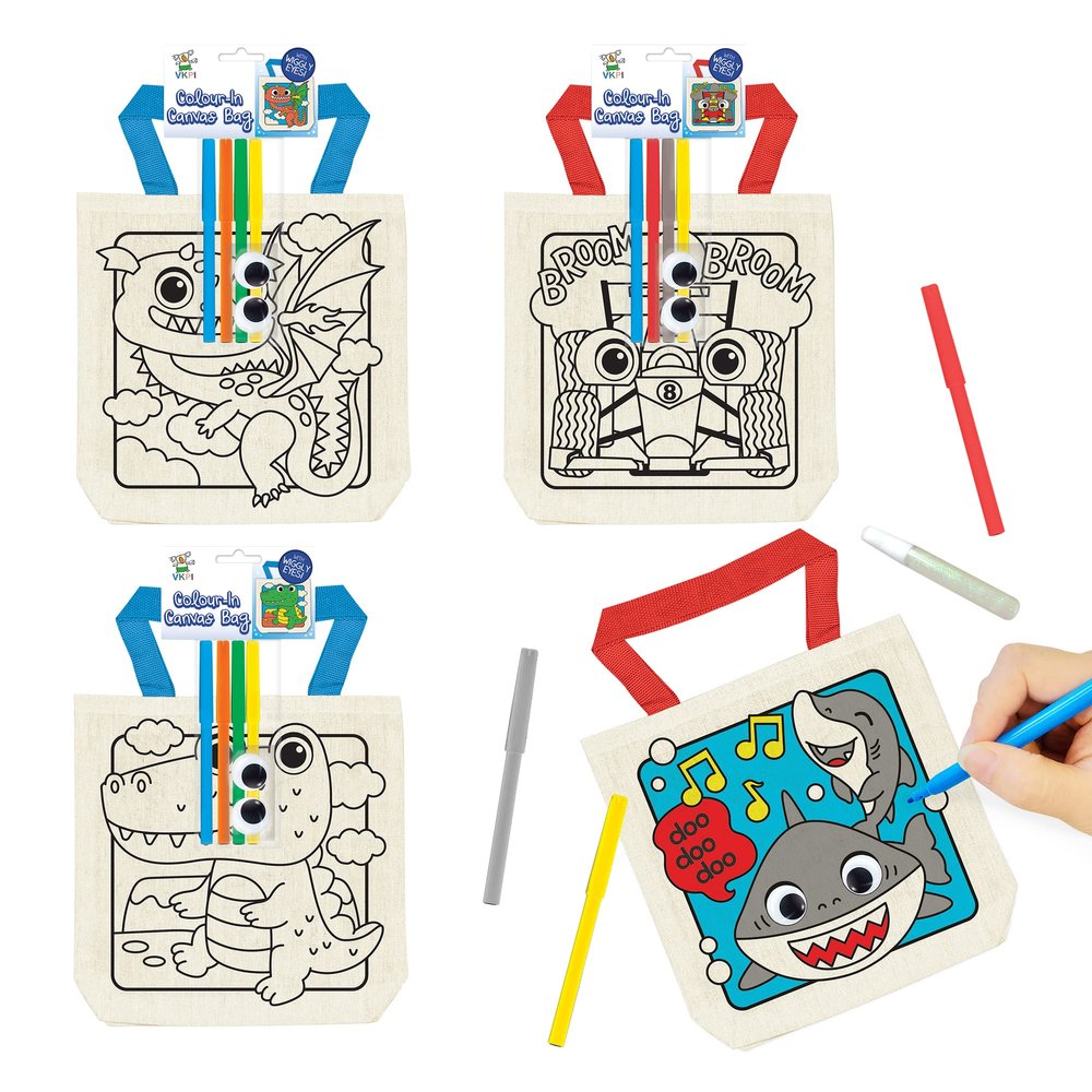 VKPI 12 Pieces Kids Coloring Goodie Bags, Reusable Canvas Bag, Cute Art Party Favors, Color Your Own Bags for DIY Painting Birthday Carnival Celebration, Party Supplies Gift, Boys