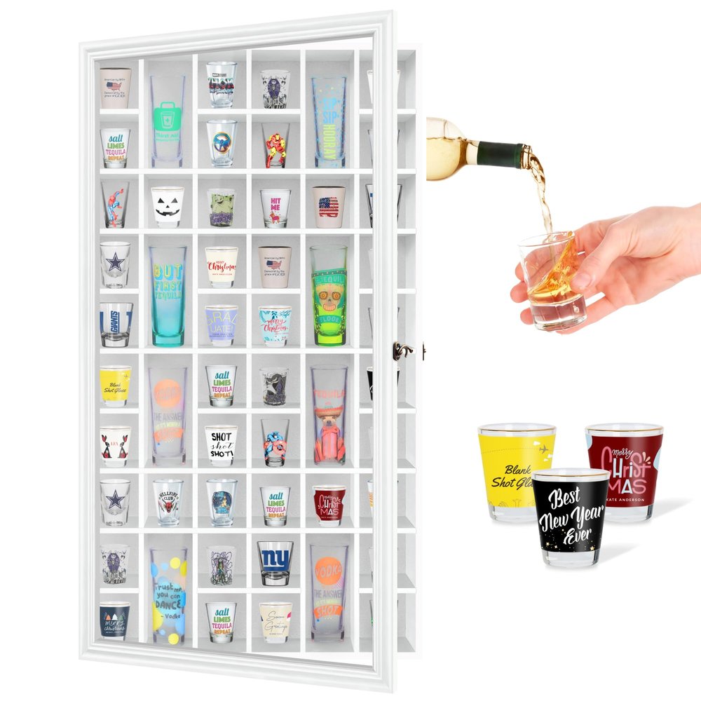 ILOT Shot Glass Display Cabinet Solid Wood - Large Display Case for Collectibles | Man Cave Accessories | UV Protection Acrylic Door | Wall Mounted Black Shadow Box | 52 Divided Slots | 32"x17"White