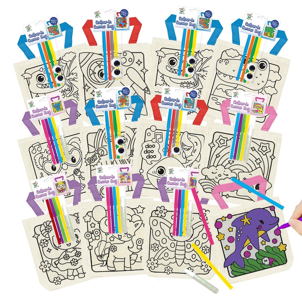 VKPI 12 Pieces Kids Coloring Goodie Bags, Reusable Canvas Bag, Cute Art Party Favors, Color Your Own Bags for DIY Painting Birthday Carnival Celebration, Party Supplies Gift, Girls and Boys