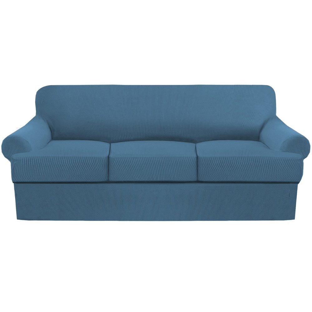 4 Piece T Cushion Sofa Slipcovers Thick Couch Cover Furniture Protector Stretch T Cushion Sofa Covers for 3 Cushion Couch with 3 Individual T Cushion Covers Washable (Blue, Sofa) (LJX)
